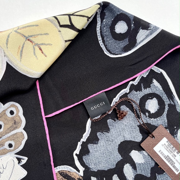 Gucci Scarf Kris Knight Butterfly Flora Black Silk Wrap with Gucci Gift Box - Picture 13 of 15